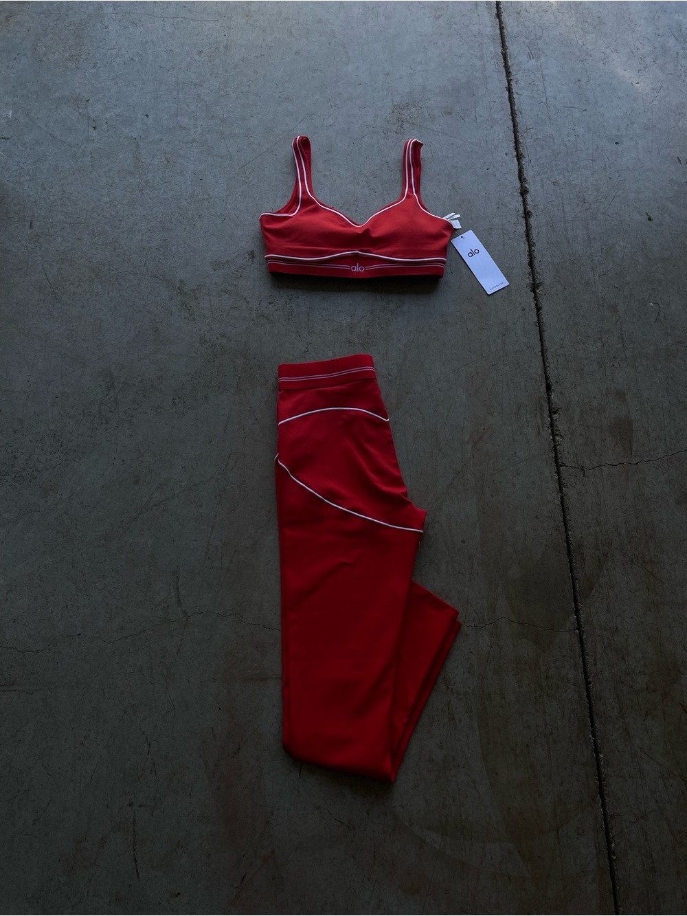 ALO Yoga Red Piped Bralette and Leggings Set - Picture 1 of 1